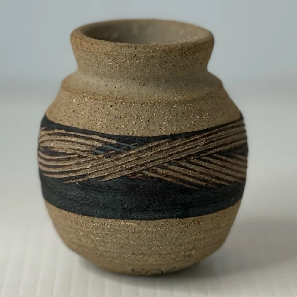 Handmade Studio Art Pottery Vase Vessel Sand Texture Etched Design Artist Signed
